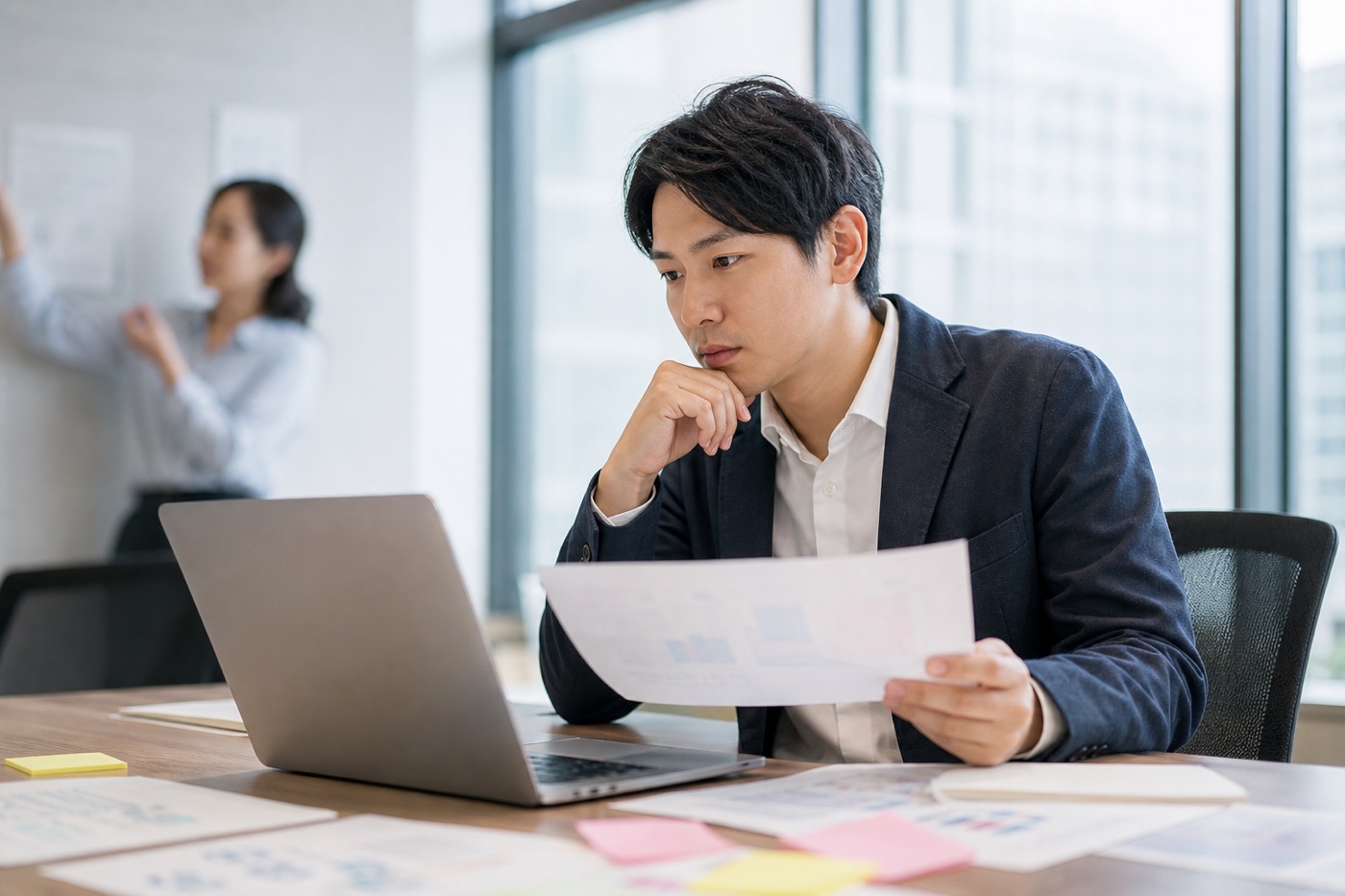 ノートパソコンを前に新規事業の調査や企画を学ぶ担当者