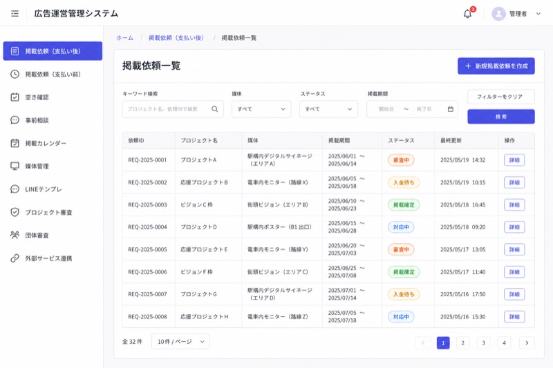 広告代理店向け案件管理ツールの画面イメージ